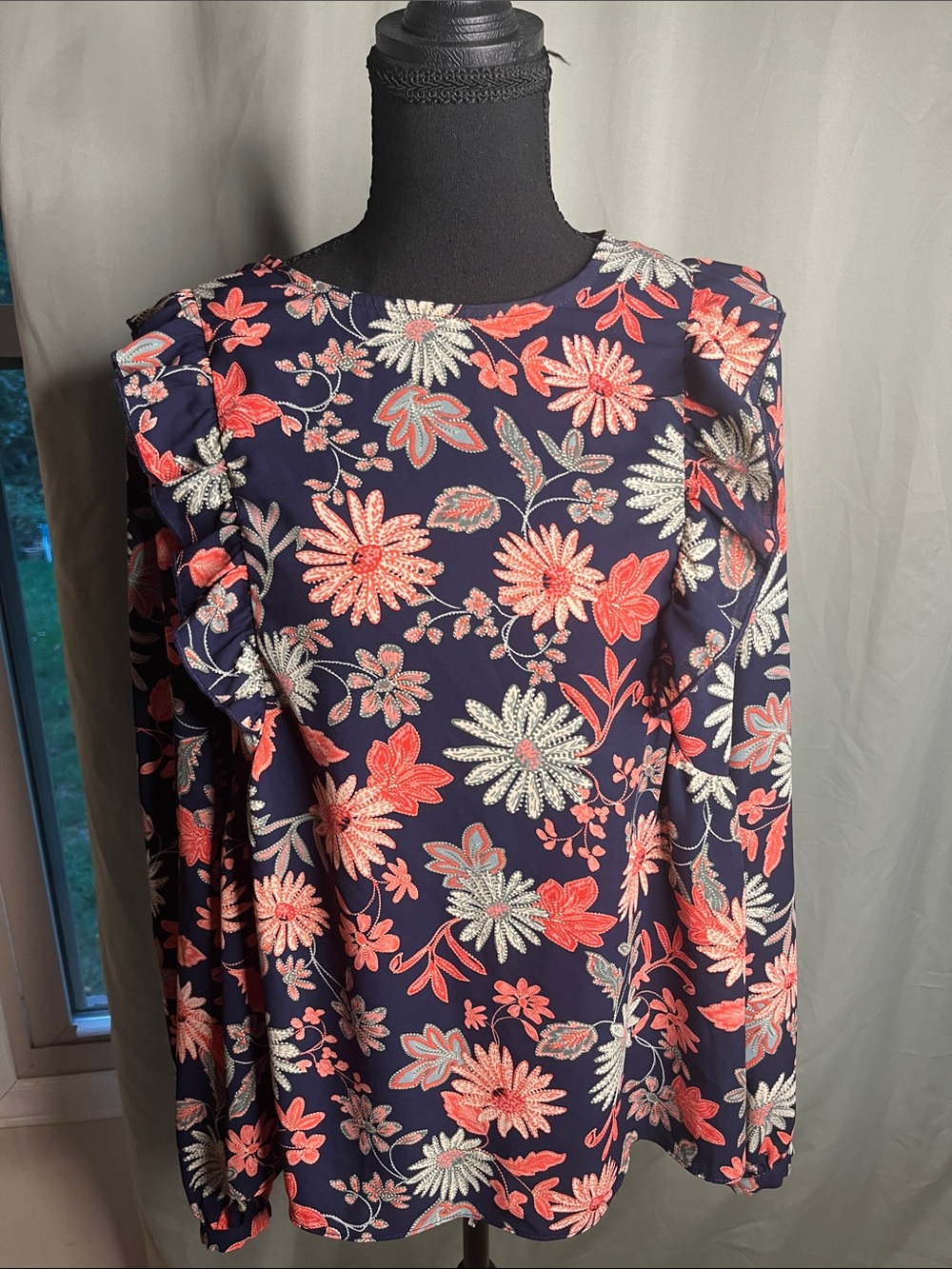 Nanette Lepore Navy Long-Sleeve Ruffle Shoulder Blouse - Coral & Cream Flowers